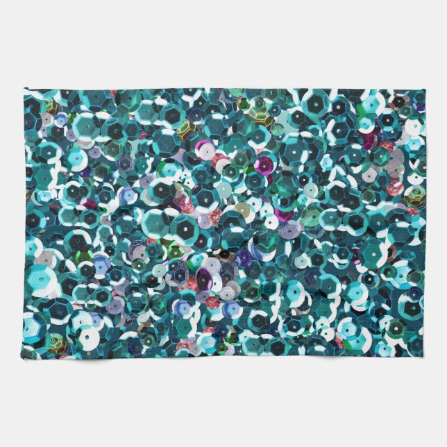 Beachy Aqua Blue Faux Sequins Kitchen Towel (Horizontal)