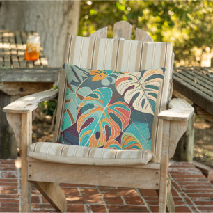 Beachy Boho Monstera Leaves Outdoor Pillow