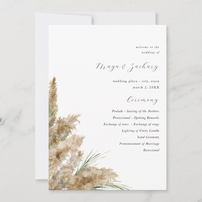 Beachy Boho Pampas Grass Wedding Ceremony Program (Front)