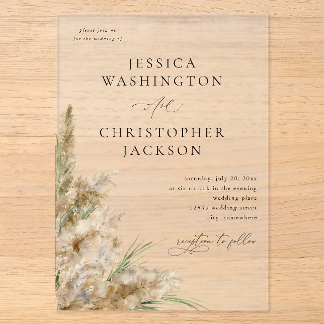 Beachy Boho Pampas Grass Wedding V2 Acrylic Invitations (Front)