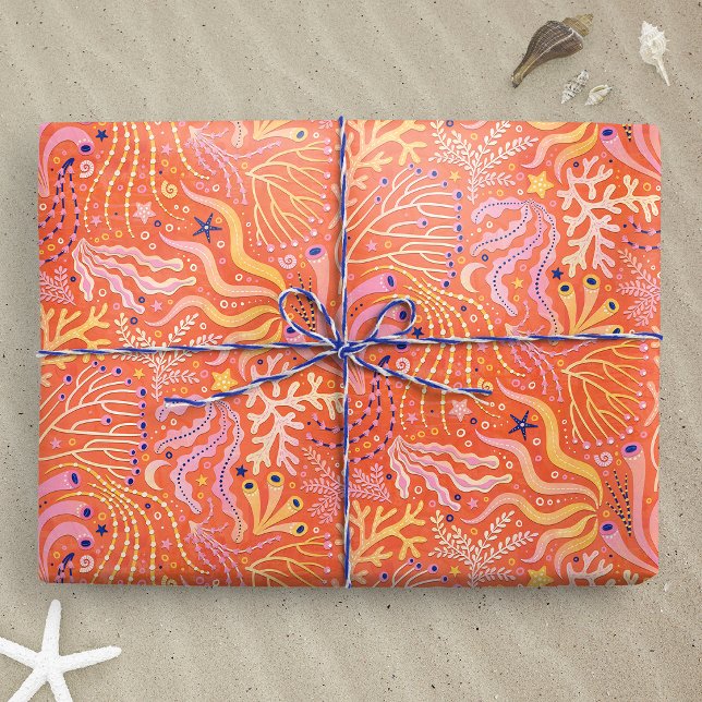 Beachy Boho Seagrass Orange Wrapping Paper (Beachy Boho Seagrass Orange wrapping paper gift mockup)