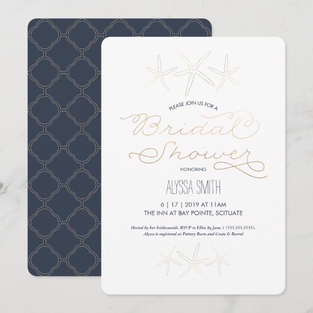 Beachy Bridal Shower Invitation - Starfish, Gold (Front/Back)
