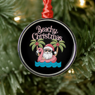 Beachy Christmas Tropical Vacation Santa Beach Metal Ornament