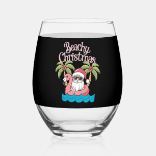 Beachy Christmas Tropical Vacation Santa Beach  Stemless Wine Glass