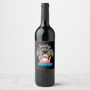 Beachy Christmas Tropical Vacation Santa Beach  Wine Label