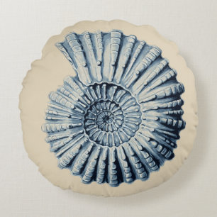 Beachy Coastal Blue Spiral Seashell Round Pillow