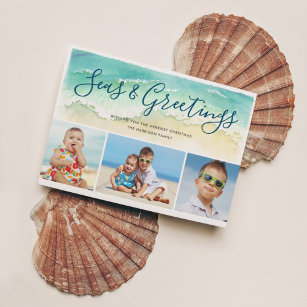 Beachy Coastal Blue Three Photos Seas & Greetings Holiday Card