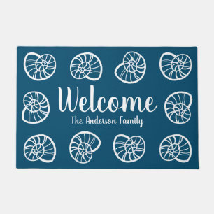 Beachy Coastal White Seashells & Navy Blue Doormat