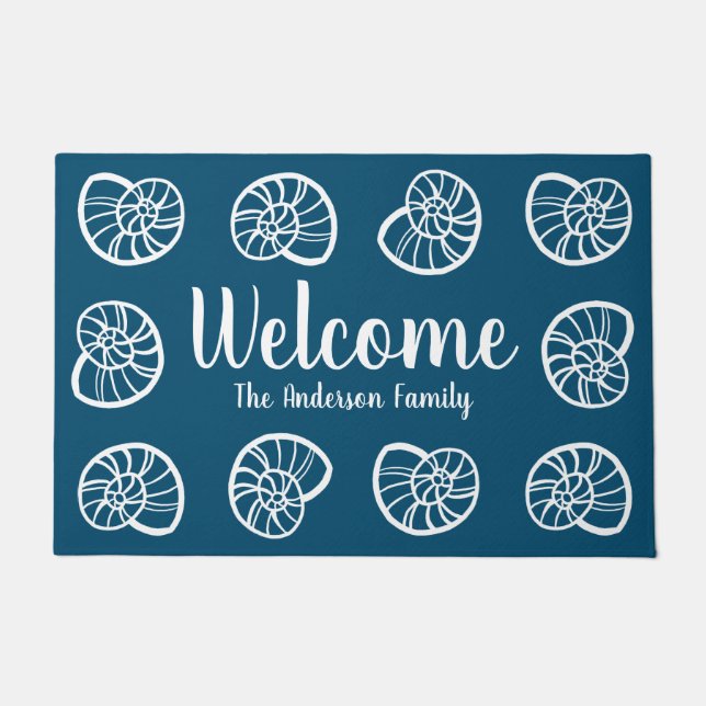 Beachy Coastal White Seashells & Navy Blue Doormat (Front)