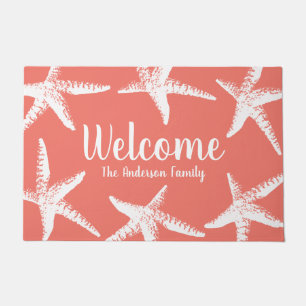 Beachy Coastal White Starfish Coral Pink Doormat