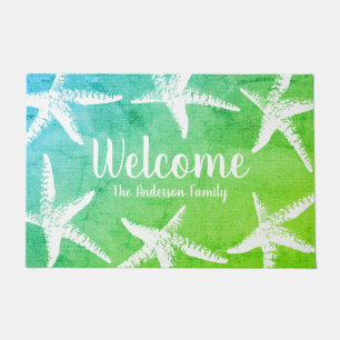 Beachy Coastal White Starfish & Ocean Green Doormat