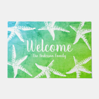 Beachy Coastal White Starfish & Ocean Green Doormat