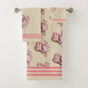 Beachy Coral Pink Stripes & Conch Shells Bath Towel Set