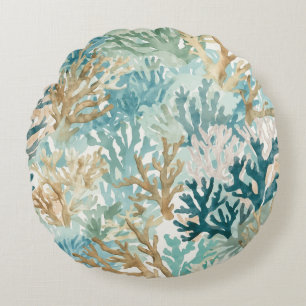 Beachy Coral Reef Teal Green Blue Watercolors Round Pillow