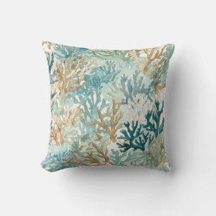 Beachy Coral Reef Teal Green Blue Watercolors Throw Pillow