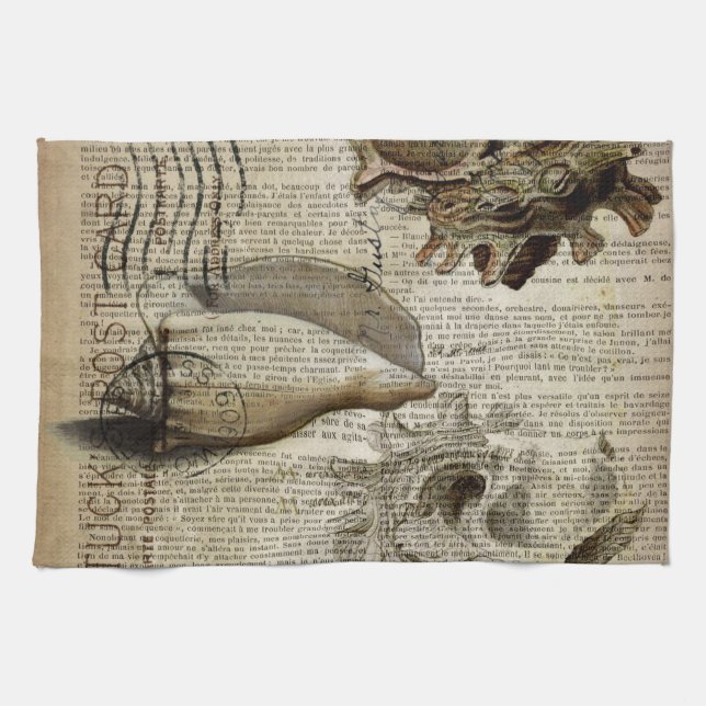 beachy dictionary print modern vintage seashell kitchen towel (Horizontal)