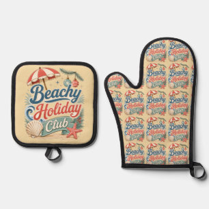 Beachy Holiday Club Retro Coastal Christmas Oven Mitt & Pot Holder Set