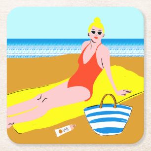 Beachy Keen - Yellow Square Paper Coaster