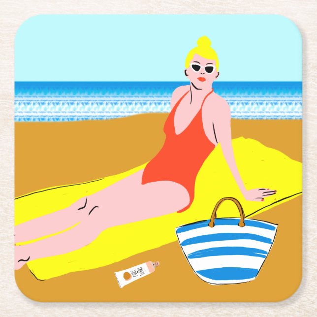 Beachy Keen - Yellow Square Paper Coaster (Front)