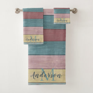 Beachy Nautical Rustic Wood muted coloured stripes Bath Towel Set