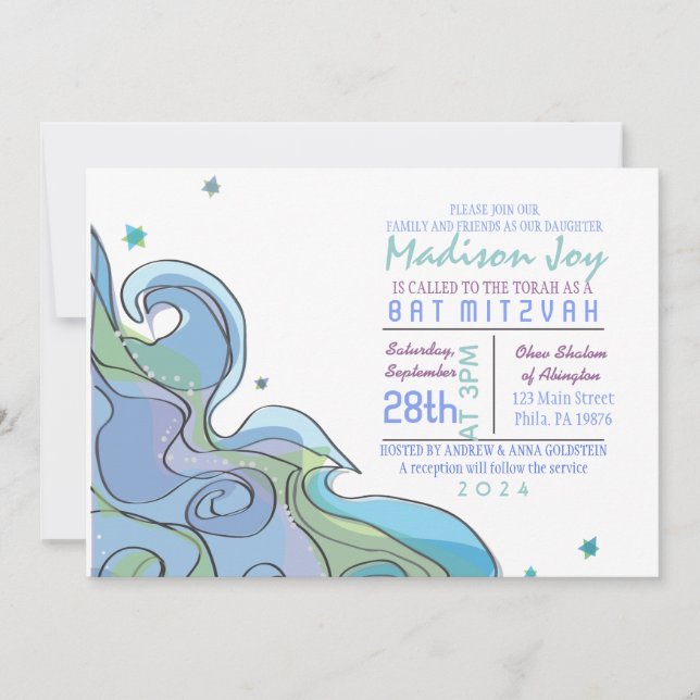 Beachy Ocean Wave Bar Bat Mitzvah Invitation (Front)