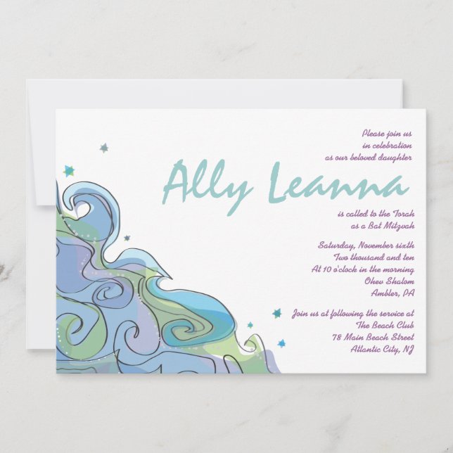 Beachy Ocean Wave Bar Bat Mitzvah Invitation (Front)