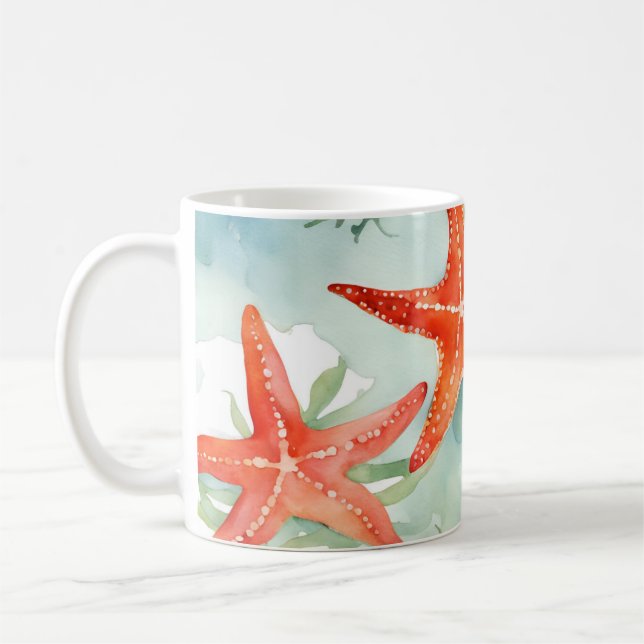 Beachy Orange Starfish Seashells Coffee Mug (Left)