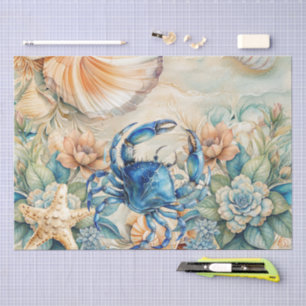 Beachy Pastel Blue Crab & Shells Decoupage Tissue Paper