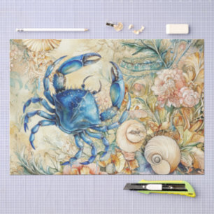 Beachy Pastel  Blue Crab & Shells Decoupage  Tissue Paper