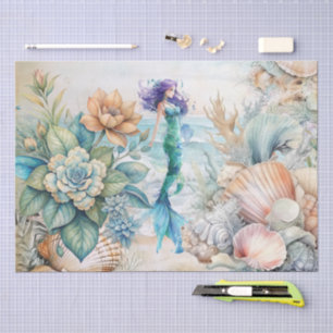 Beachy Pastel  Floral Mermaid & Shells Decoupage  Tissue Paper