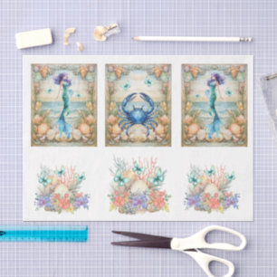 Beachy Pastel  Floral Mermaid & Shells Decoupage  Tissue Paper