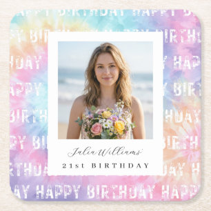 Beachy Rainbow 21st Birthday Photo Paper Square Paper Coaster