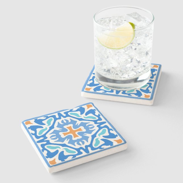 Beachy Summer Blue Spanish Tile with Orange Accent Stone Coaster (Side)