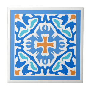 Beachy Summer Blue Spanish with Orange Accent Tile