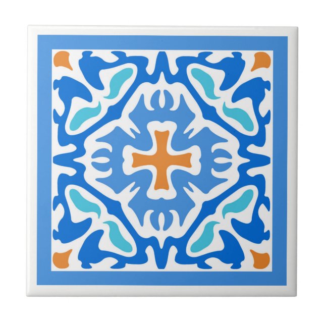 Beachy Summer Blue Spanish with Orange Accent Tile (Front)