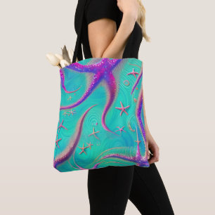 Beachy Themed Teal and Purple Starfish Tote Bag