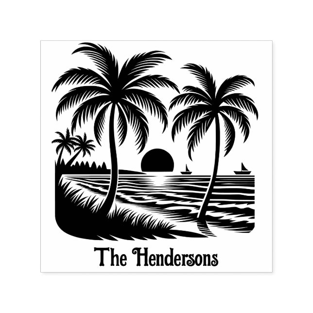 Beachy Tropical Palm Trees Sunset Name Self-inking Stamp (Design)