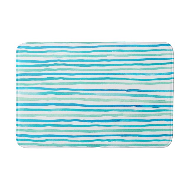 Beachy Turquoise Watercolor Stripes Bath Mat (Front)