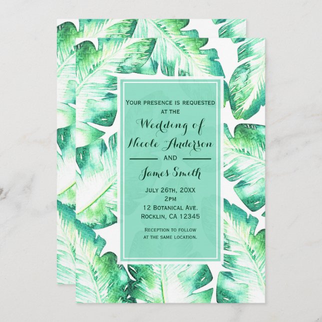 Beachy White & Green Tropical Leaves Wedding Invitation (Front/Back)
