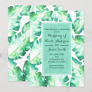 Beachy White & Green Tropical Leaves Wedding Invitation