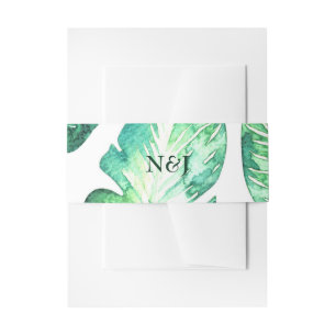 Beachy White & Green Tropical Leaves Wedding Invitation Belly Band