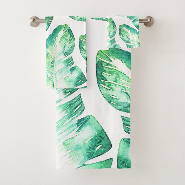 Beachy White & Green Tropical Palm Leaves Chic Bath Towel Set (Insitu)