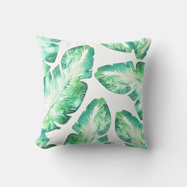 Beachy White & Green Tropical Palm Leaves Chic Throw Pillow (Front)