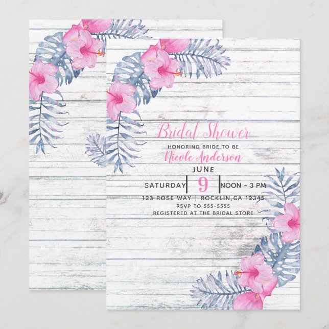 Beachy White Wood Tropical Hibiscus Flowers Floral Invitation (Front/Back)