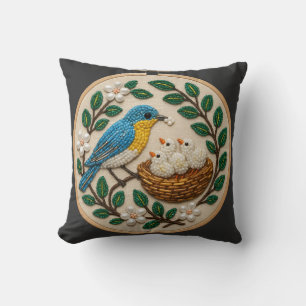 Beaded Bluebird Nest Embroidery Art Throw Pillow