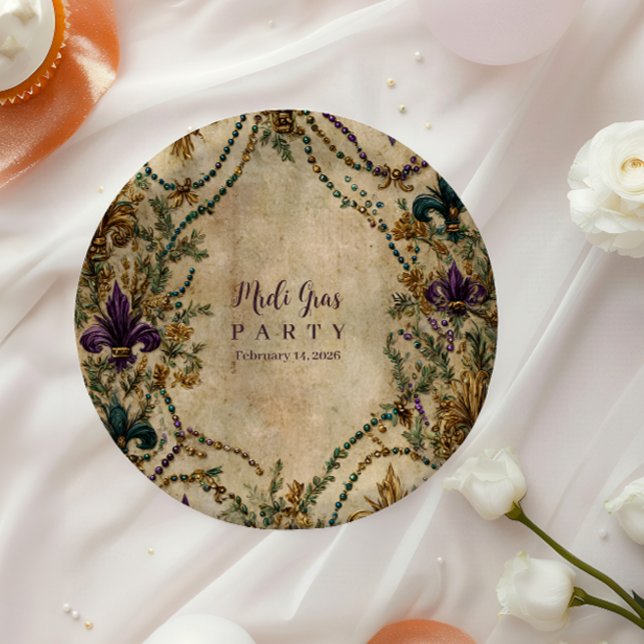 Beaded Fleur-de-Lis Mardi Gras Masquerade Paper Plate (Creator Uploaded)