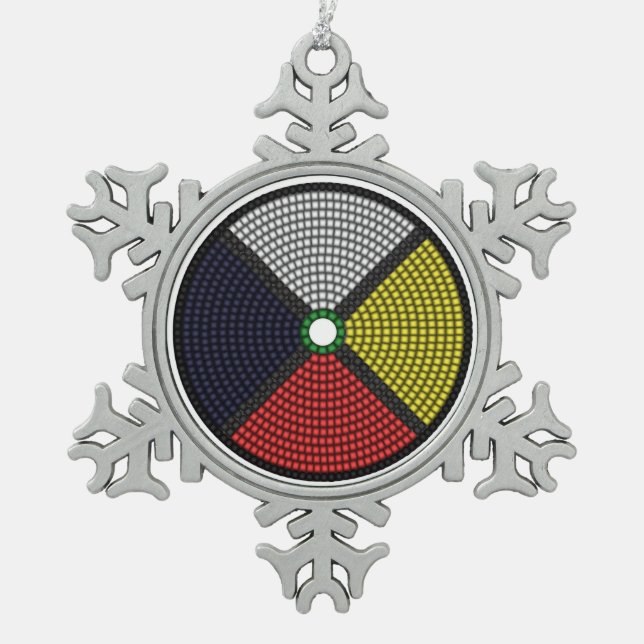 Beaded Medicine Wheel Snowflake Pewter Christmas Ornament (Front)