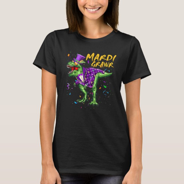 Beads And Bling T Rex Dinosaur Mardi Gras Costume T-Shirt (Front)