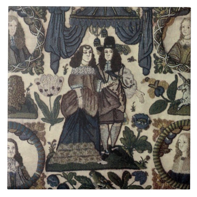 Beadwork Embroidery Charles II and His Queen Tile (Front)