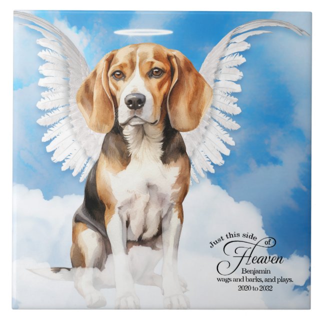 Beagle Angel Dog Personalized Pet Memorial Tile (Front)